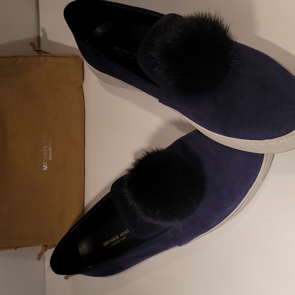 Michael Kors Collection Blue Slip suede slip on Sneakers with mink pompom  Sz 7